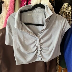 Aeropostale Gray Ruched Polo Crop Blouse